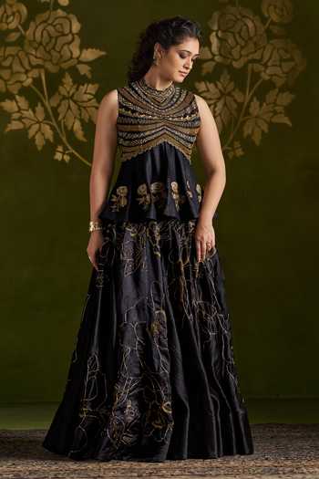 Buy_Almaari By Pooja Patel_Black Tussar, Silk High Neck Roshali Embroidered Top And Lehenga Set _at_Aza_Fashions