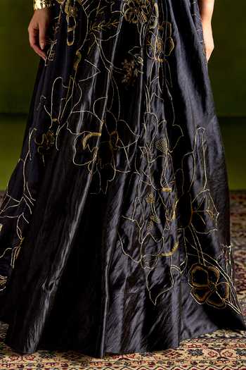 Buy_Almaari By Pooja Patel_Black Tussar, Silk High Neck Roshali Embroidered Top And Lehenga Set 