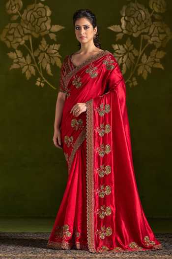 Buy_Almaari By Pooja Patel_Red Silk V-neck Rohanya Embroidered Saree And Blouse Set _at_Aza_Fashions
