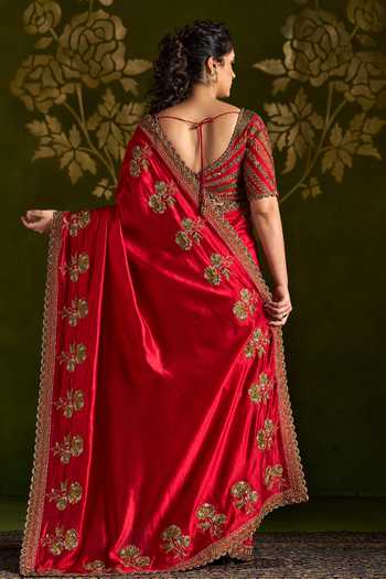 Shop_Almaari By Pooja Patel_Red Silk V-neck Rohanya Embroidered Saree And Blouse Set _at_Aza_Fashions