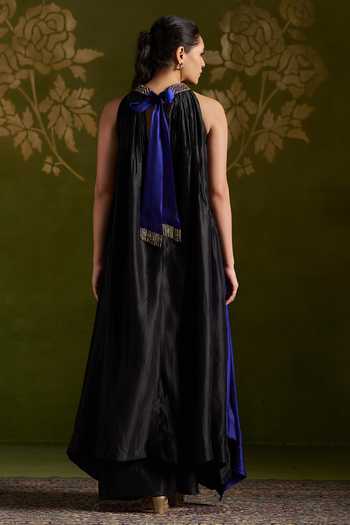 Shop_Almaari By Pooja Patel_Blue Silk Halter Neck Roshvani Asymmetric Kurta Set _at_Aza_Fashions