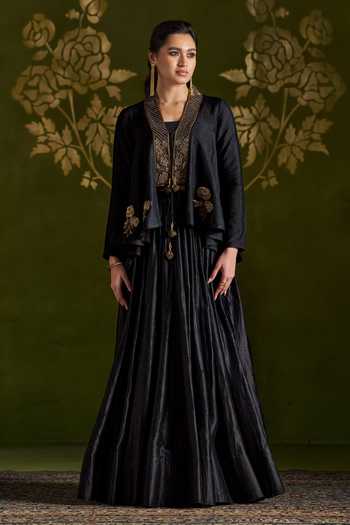 Buy_Almaari By Pooja Patel_Black Tussar, Silk Shawl Neck Roshika Handmade Jacket Lehenga Set _at_Aza_Fashions