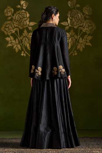 Shop_Almaari By Pooja Patel_Black Tussar, Silk Shawl Neck Roshika Handmade Jacket Lehenga Set _at_Aza_Fashions