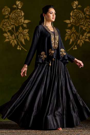 Almaari By Pooja Patel_Black Tussar, Silk Shawl Neck Roshika Handmade Jacket Lehenga Set _at_Aza_Fashions