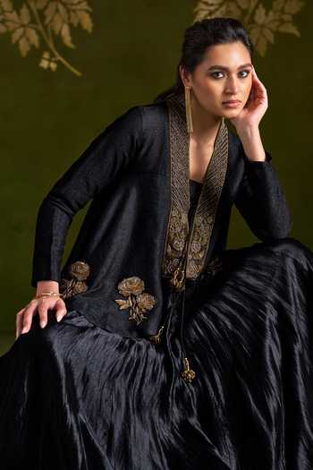 Almaari By Pooja Patel_Black Tussar, Silk Shawl Neck Roshika Handmade Jacket Lehenga Set _Online