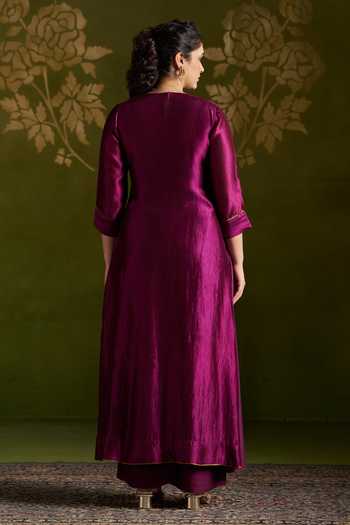 Shop_Almaari By Pooja Patel_Wine Silk, Tussar Round Neck, Yes Romika Embroidered Angrakha Kurta Set _at_Aza_Fashions
