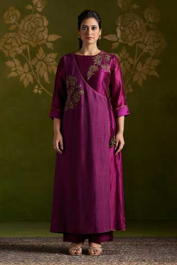 Buy_Almaari By Pooja Patel_Wine Silk, Tussar Round Neck, Yes Romika Embroidered Angrakha Kurta Set _at_Aza_Fashions