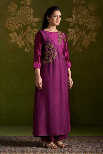 Almaari By Pooja Patel_Wine Silk, Tussar Round Neck, Yes Romika Embroidered Angrakha Kurta Set _Online