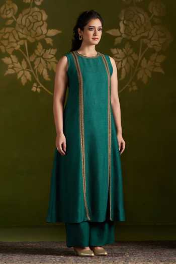 Buy_Almaari By Pooja Patel_Green Tussar, Silk Round Neck, Yes Roshmika Handmade Kurta Set _Online_at_Aza_Fashions