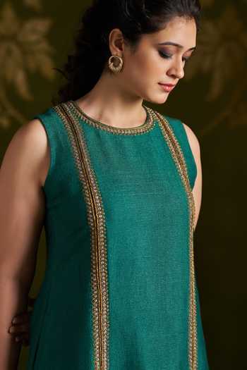 Shop_Almaari By Pooja Patel_Green Tussar, Silk Round Neck, Yes Roshmika Handmade Kurta Set _Online_at_Aza_Fashions