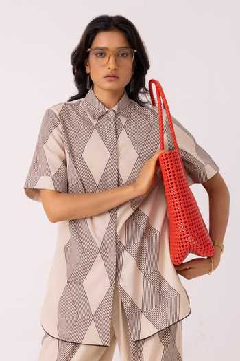 Buy_The Summer House_Cream Cotton Collared Tess Hand Printed Shirt _at_Aza_Fashions