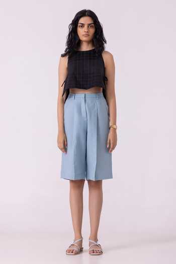 Buy_The Summer House_Blue Linen March Pleated Shorts _at_Aza_Fashions