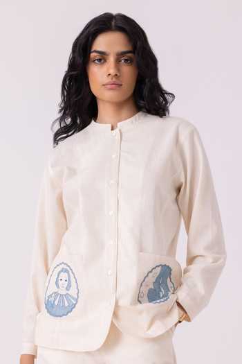 Buy_The Summer House_Off White Handloom Cotton Mandarin Collar Alma Handwoven Shacket _at_Aza_Fashions