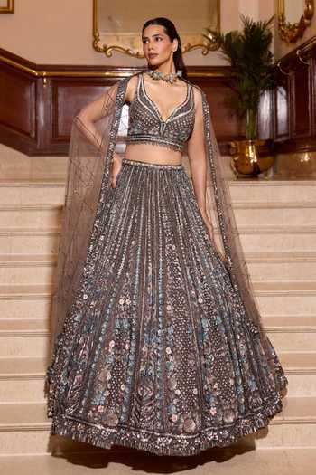 Buy_Opus Atelier_Blue Satin, Net, Viscose, Tulle V-neck Wisteria Embroidered Lehenga Set _at_Aza_Fashions