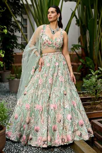 Buy_Opus Atelier_Pink Tulle, Satin, Viscose Sweetheart Neck Daphne Embroidered Lehenga Set _at_Aza_Fashions