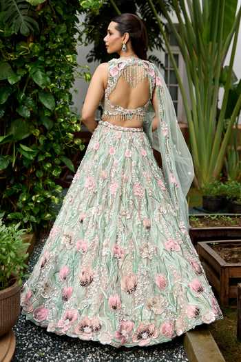 Shop_Opus Atelier_Pink Tulle, Satin, Viscose Sweetheart Neck Daphne Embroidered Lehenga Set _at_Aza_Fashions