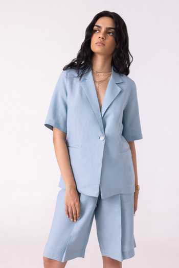 Buy_The Summer House_Blue Linen Notched Neck Jo Jacket _at_Aza_Fashions