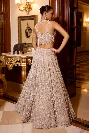Shop_Opus Atelier_Pink Satin, Net, Viscose, Tulle Halter Neck Heather Embroidered Lehenga Set _at_Aza_Fashions