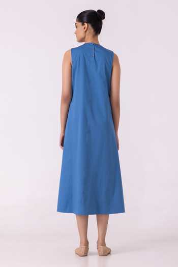 Shop_The Summer House_Blue Cotton Round Neck Brooke A Line Midi Dress _at_Aza_Fashions