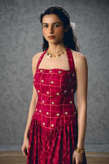 EASE_Maroon Poplin Embroidery Square , Halter Akari Checkered Print Dress _Online_at_Aza_Fashions