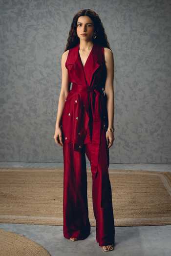 Buy_EASE_Wine Silk Embroidery Alba Blazer And Pant Set _at_Aza_Fashions