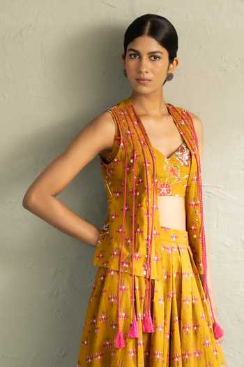 Shop_Charkhee_Yellow Cotton Open , Sweetheart Phool Print Jacket And Divider Skirt Set 