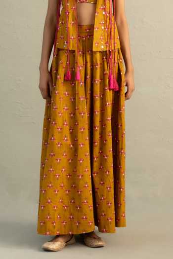 Charkhee_Yellow Cotton Open , Sweetheart Phool Print Jacket And Divider Skirt Set _Online