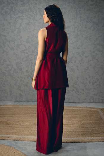 Shop_EASE_Wine Silk Embroidery Alba Blazer And Pant Set _at_Aza_Fashions