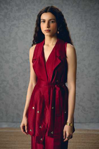 EASE_Wine Silk Embroidery Alba Blazer And Pant Set _Online_at_Aza_Fashions