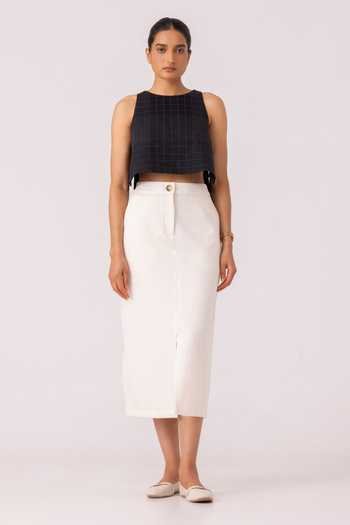 Shop_The Summer House_Off White Handloom Cotton, Denim Roxanne Midi Skirt _at_Aza_Fashions
