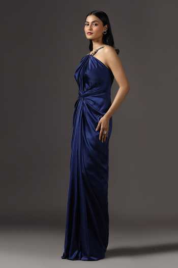 Pooja Peshoria_Blue Satin Crystals Halter Neck Hand Embroidered Straps Draped Gown _Online_at_Aza_Fashions