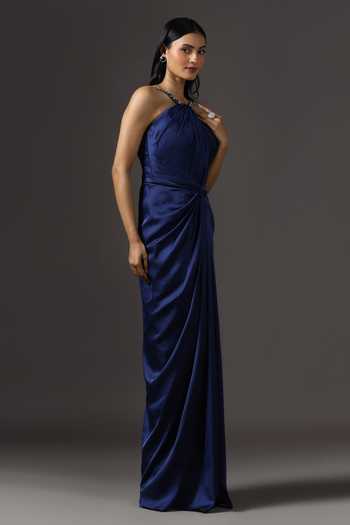Buy_Pooja Peshoria_Blue Satin Crystals Halter Neck Hand Embroidered Straps Draped Gown _Online_at_Aza_Fashions