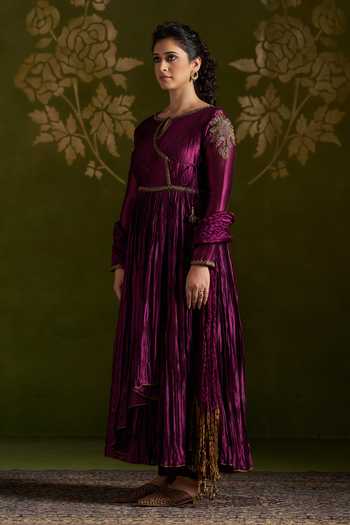 Shop_Almaari By Pooja Patel_Wine Silk Keyhole Neck Rochira Zardozi Embroidered Anarkali Set _Online_at_Aza_Fashions
