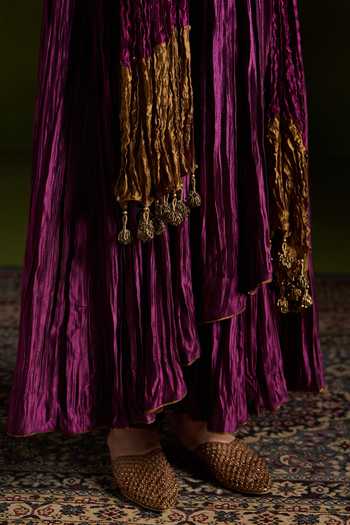Almaari By Pooja Patel_Wine Silk Keyhole Neck Rochira Zardozi Embroidered Anarkali Set _Online