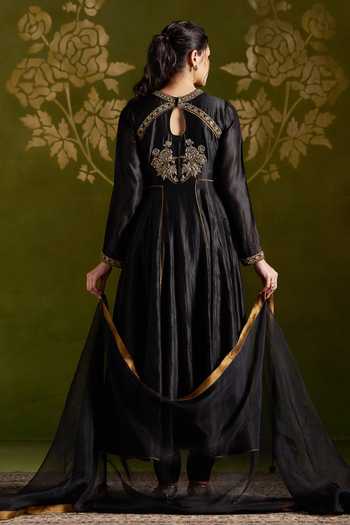 Shop_Almaari By Pooja Patel_Black Silk, Organza Roshini Anarkali Set _at_Aza_Fashions