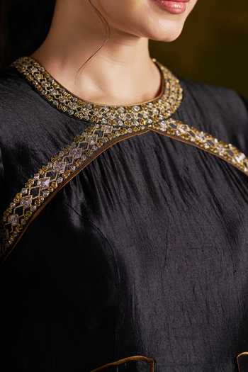 Almaari By Pooja Patel_Black Silk, Organza Roshini Anarkali Set _Online