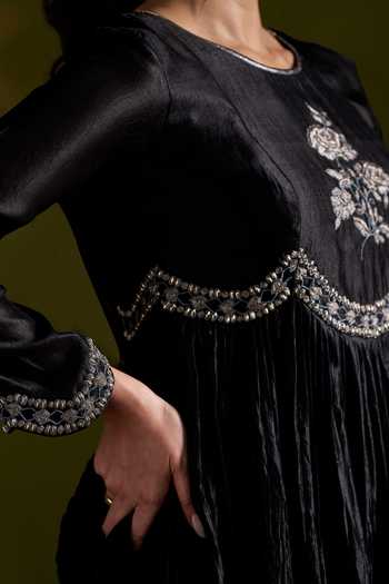 Buy_Almaari By Pooja Patel_Black Silk Round Neck Rohika Anarkali And Pant Set _Online_at_Aza_Fashions