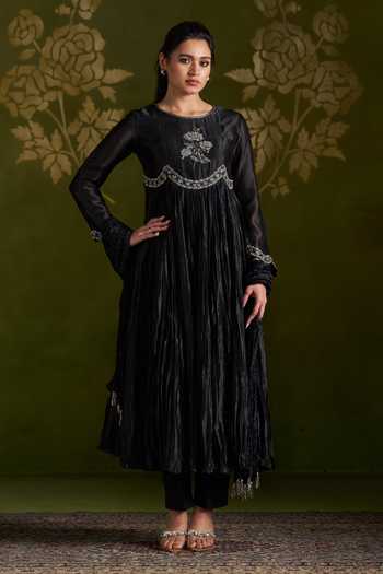Buy_Almaari By Pooja Patel_Black Silk Round Neck Rohika Anarkali And Pant Set _at_Aza_Fashions