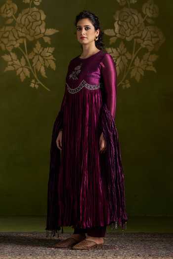 Almaari By Pooja Patel_Wine Silk Round Neck Rohika Embroidered Anarkali Set _Online_at_Aza_Fashions