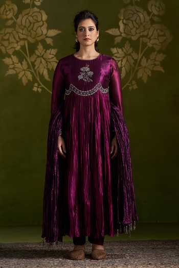 Buy_Almaari By Pooja Patel_Wine Silk Round Neck Rohika Embroidered Anarkali Set _at_Aza_Fashions
