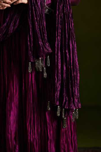 Shop_Almaari By Pooja Patel_Wine Silk Round Neck Rohika Embroidered Anarkali Set _Online_at_Aza_Fashions