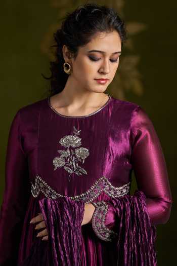 Buy_Almaari By Pooja Patel_Wine Silk Round Neck Rohika Embroidered Anarkali Set 