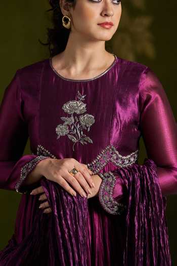 Shop_Almaari By Pooja Patel_Wine Silk Round Neck Rohika Embroidered Anarkali Set 