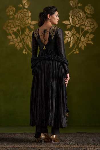Shop_Almaari By Pooja Patel_Black Silk V-neck Placed Embroidered Anarkali Set _at_Aza_Fashions