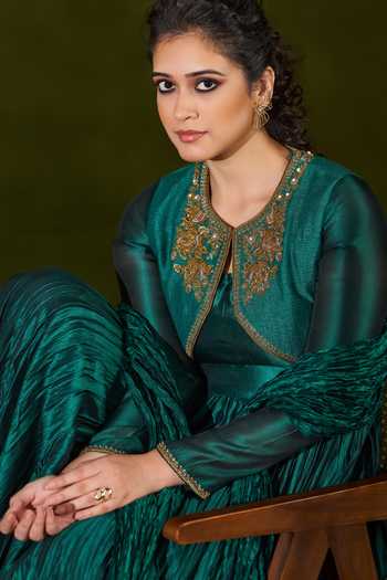 Almaari By Pooja Patel_Emerald Green Silk, Tussar Round Neck Rochita Embroidered Crushed Anarkali Set _Online