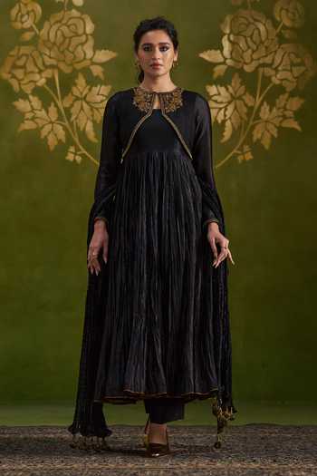 Almaari By Pooja Patel_Black Silk, Tussar High Neck Rochita Handmade And Pure Anarkali Set _Online_at_Aza_Fashions