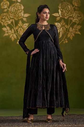 Buy_Almaari By Pooja Patel_Black Silk, Tussar High Neck Rochita Handmade And Pure Anarkali Set _at_Aza_Fashions