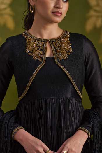 Buy_Almaari By Pooja Patel_Black Silk, Tussar High Neck Rochita Handmade And Pure Anarkali Set 
