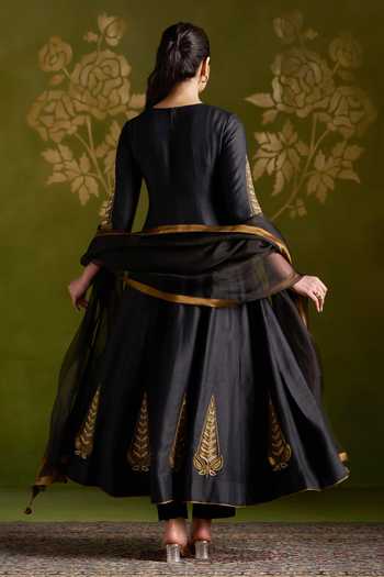 Shop_Almaari By Pooja Patel_Black Tussar, Silk, Organza Round Neck Rochana Handmade Anarkali Set _at_Aza_Fashions