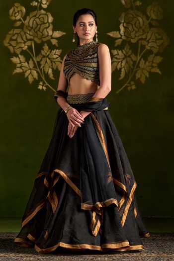Buy_Almaari By Pooja Patel_Black Silk, Organza High Neck Rochika Embroidred Blouse Lehenga Set _Online_at_Aza_Fashions